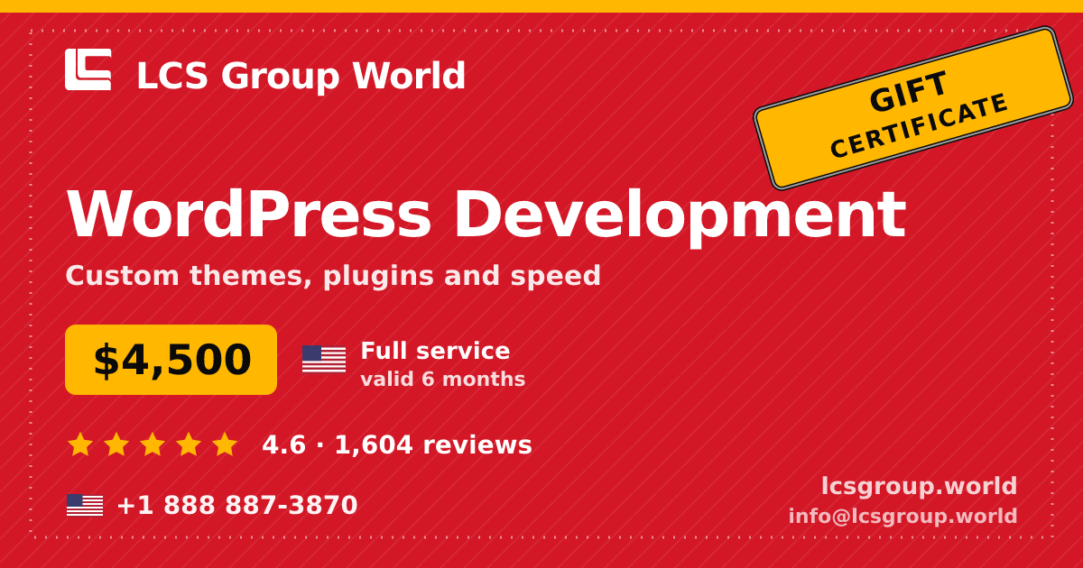 WordPress Development gift certificate — $4,500, valid 6 months. LCS Group World.