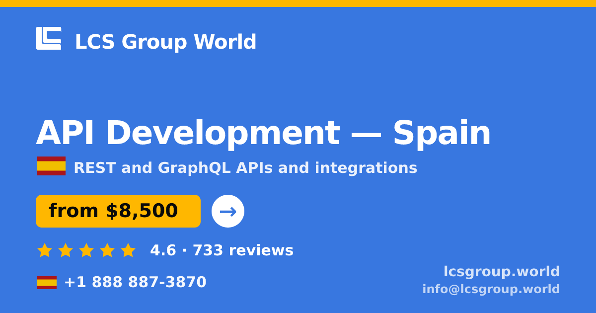 API Development in Spain — from $8,500, rated 4.6/5 by 733 clients. LCS Group World.