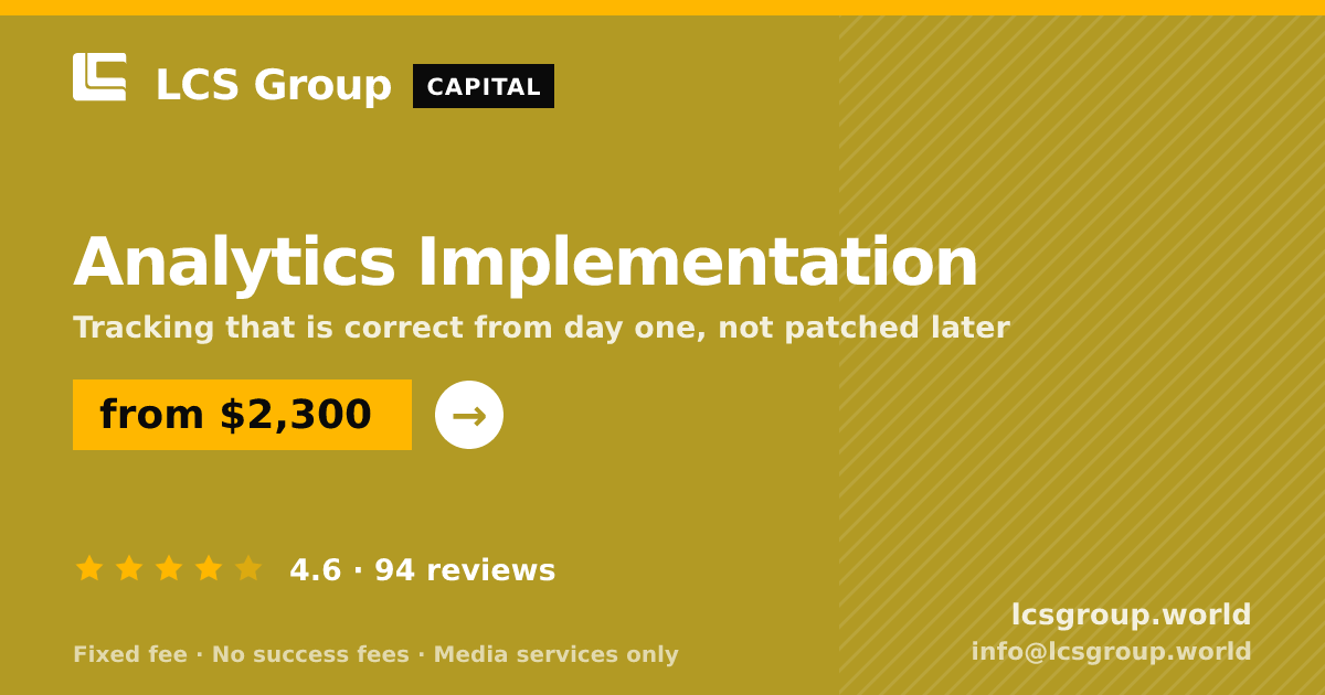 Analytics Implementation — from $2,300, rated 4.6/5 across 94 reviews. LCS Group World.