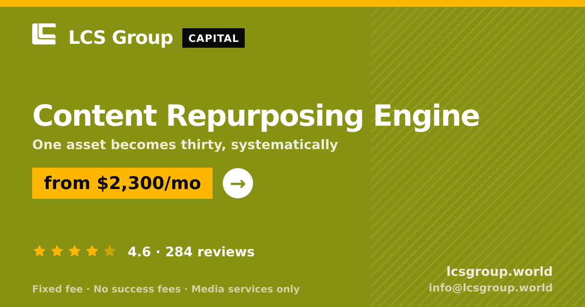 Content Repurposing Engine — from $2,300/mo, rated 4.6/5 across 284 reviews. LCS Group World.