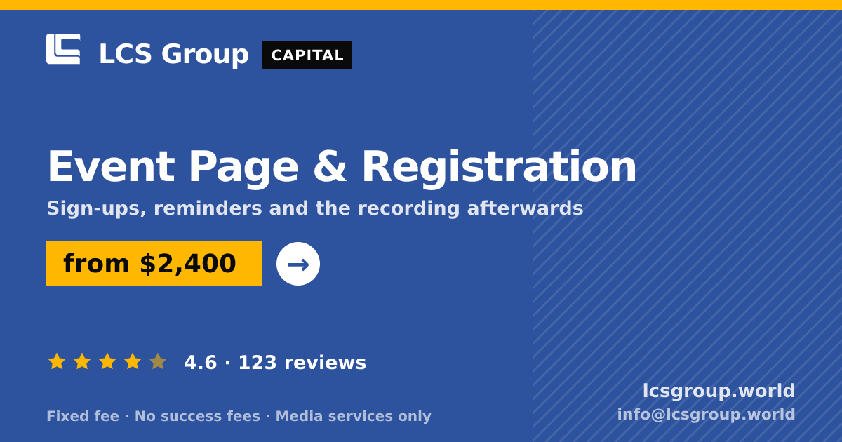 Event Page & Registration — from $2,400, rated 4.6/5 across 123 reviews. LCS Group World.
