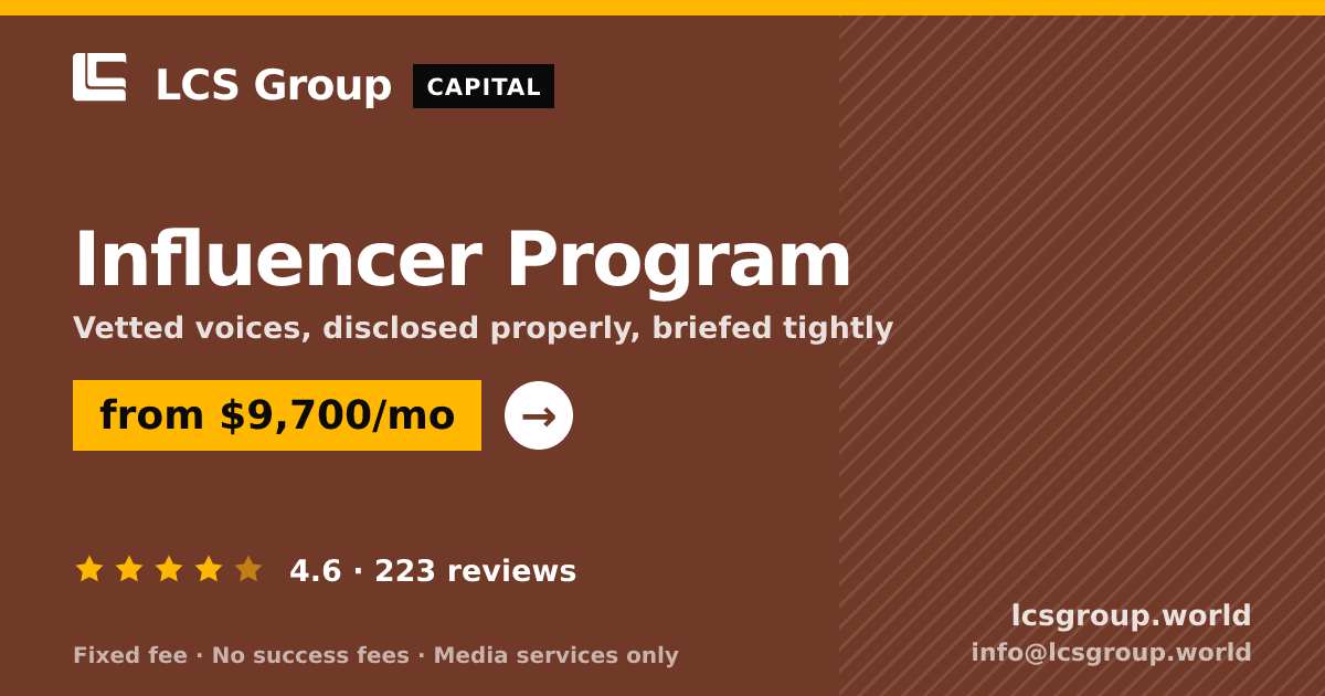 Influencer Program — from $9,700/mo, rated 4.6/5 across 223 reviews. LCS Group World.
