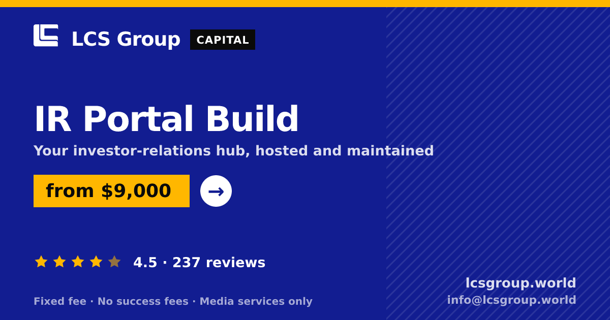 IR Portal Build — from $9,000, rated 4.5/5 across 237 reviews. LCS Group World.
