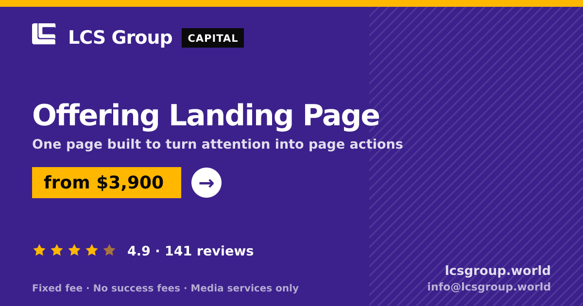 Offering Landing Page — from $3,900, rated 4.9/5 across 141 reviews. LCS Group World.