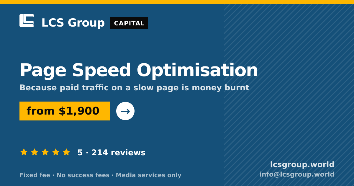 Page Speed Optimisation — from $1,900, rated 5/5 across 214 reviews. LCS Group World.