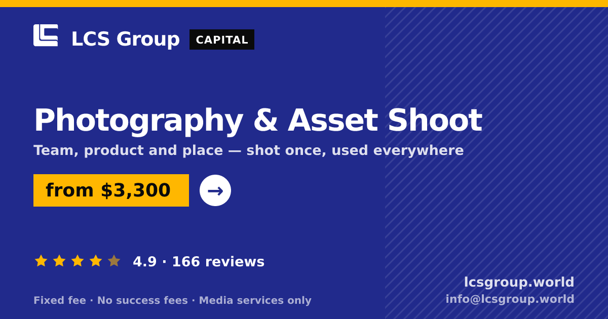 Photography & Asset Shoot — from $3,300, rated 4.9/5 across 166 reviews. LCS Group World.