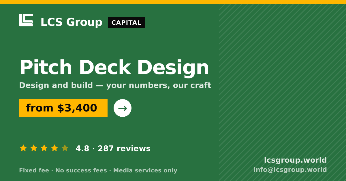 Pitch Deck Design — from $3,400, rated 4.8/5 across 287 reviews. LCS Group World.