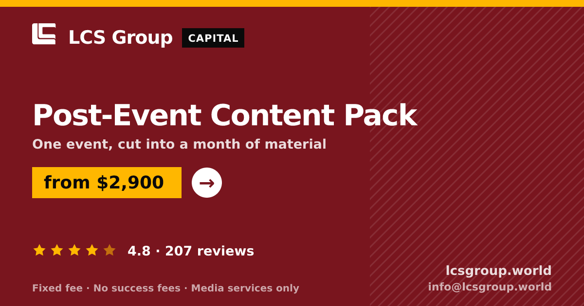Post-Event Content Pack — from $2,900, rated 4.8/5 across 207 reviews. LCS Group World.