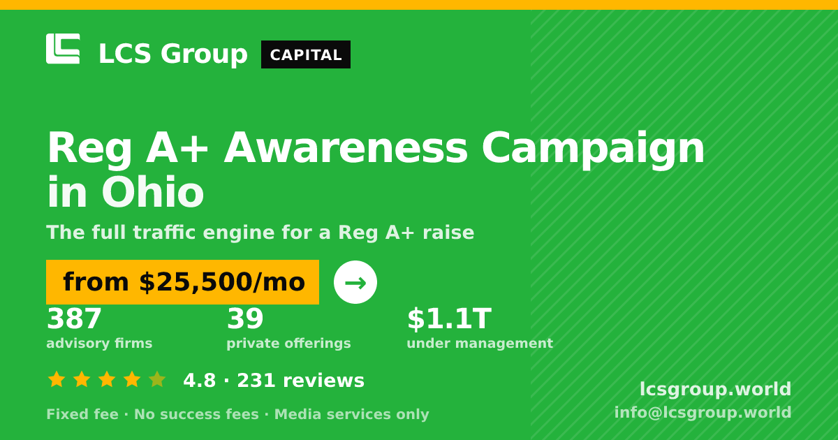 Reg A+ Awareness Campaign in Ohio — from $25,500/mo, rated 4.8/5 across 231 reviews. LCS Group World.