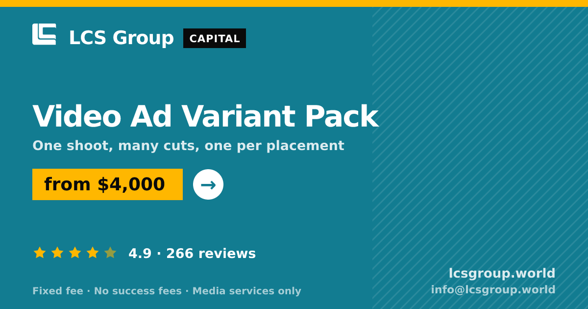 Video Ad Variant Pack — from $4,000, rated 4.9/5 across 266 reviews. LCS Group World.