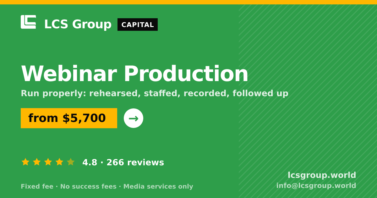 Webinar Production — from $5,700, rated 4.8/5 across 266 reviews. LCS Group World.