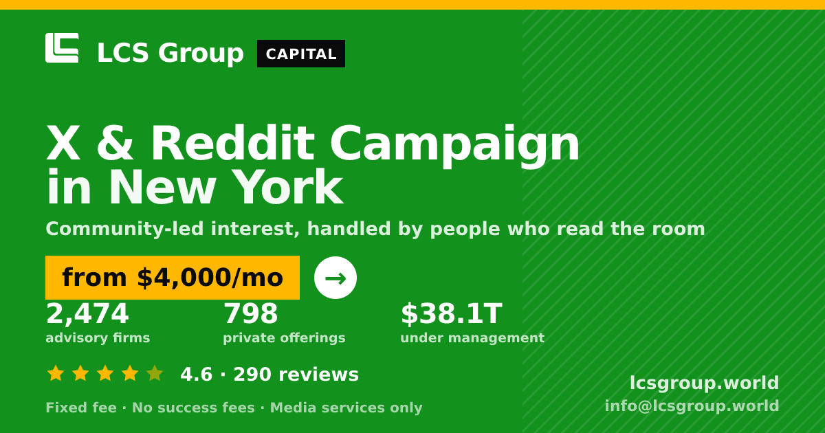 X & Reddit Campaign in New York — from $4,000/mo, rated 4.6/5 across 290 reviews. LCS Group World.