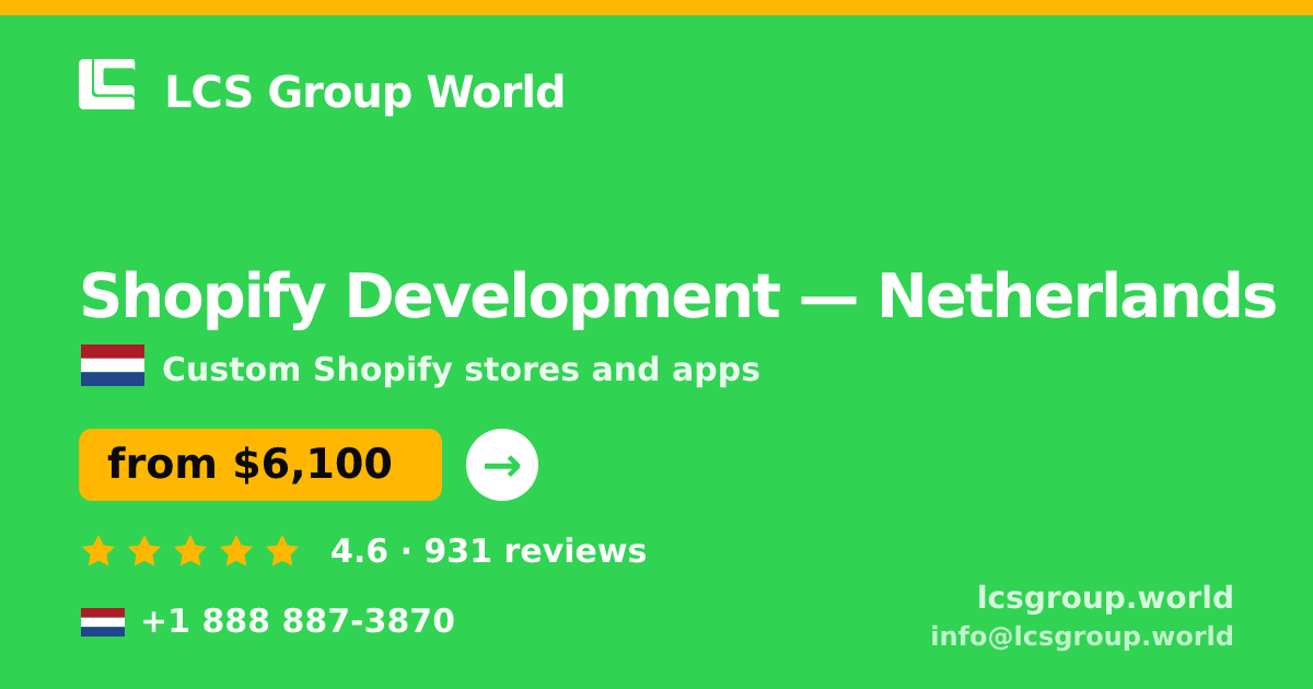 Shopify Development in Rotterdam — from $7,800, rated 5/5 by 362 clients. LCS Group World.
