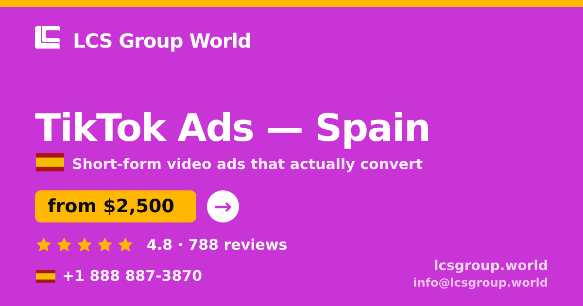 TikTok Ads in Madrid — from $2,300/mo, rated 4.6/5 by 1144 clients. LCS Group World.