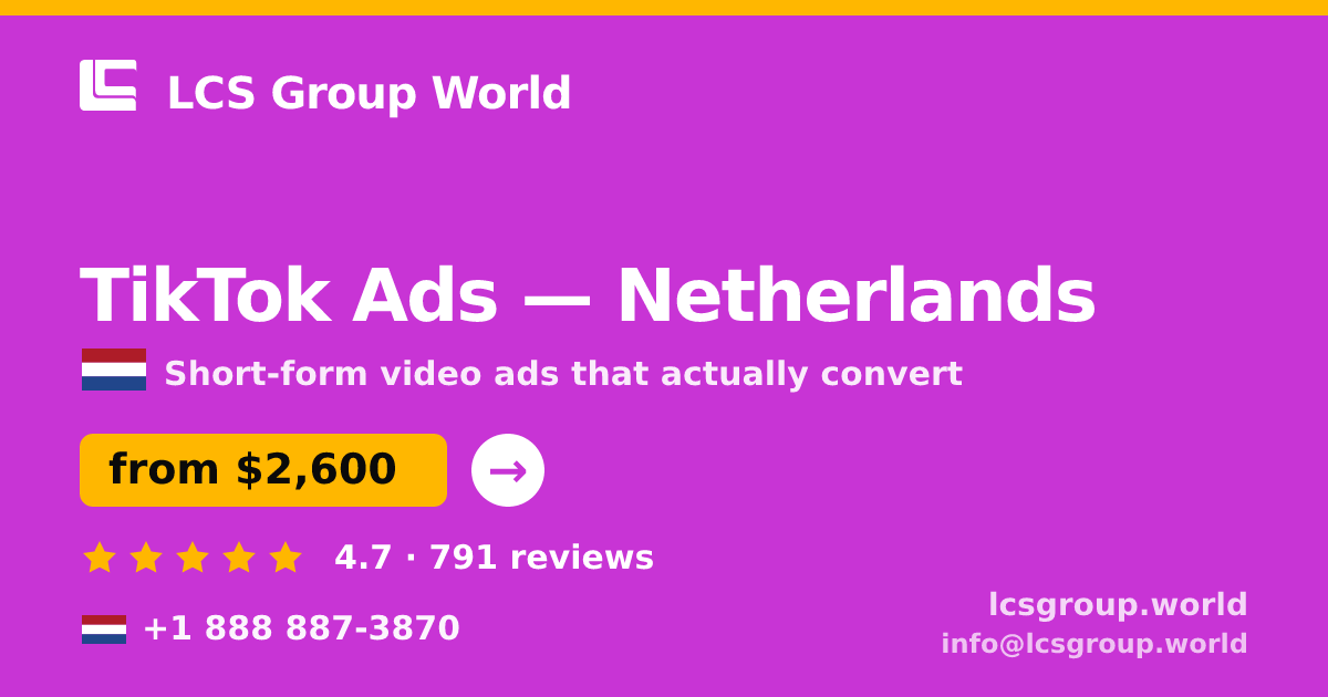 TikTok Ads in Rotterdam — from $2,400/mo, rated 4.7/5 by 1212 clients. LCS Group World.
